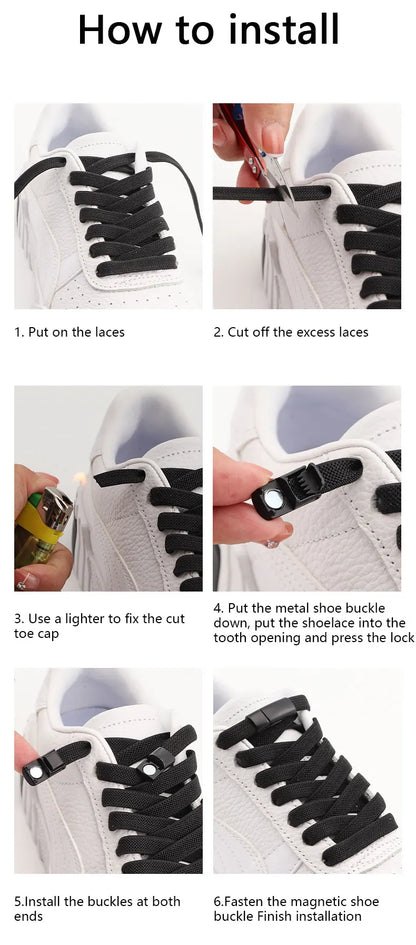 Magnetic Lock Elastic Shoelaces– Metal Lock No-Tie Laces for Sneakers, Running, & Tennis Shoes