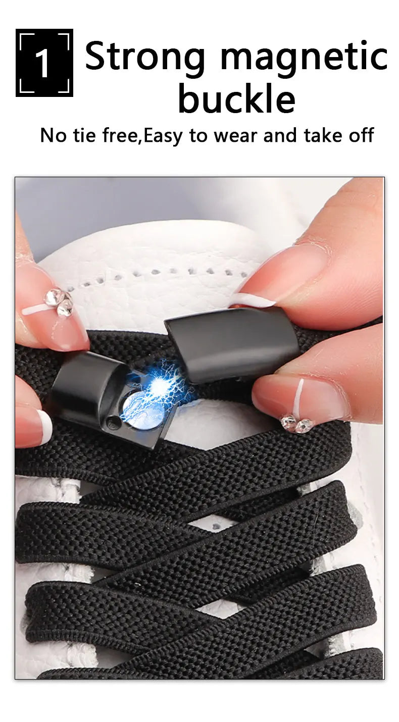 Magnetic Lock Elastic Shoelaces– Metal Lock No-Tie Laces for Sneakers, Running, & Tennis Shoes